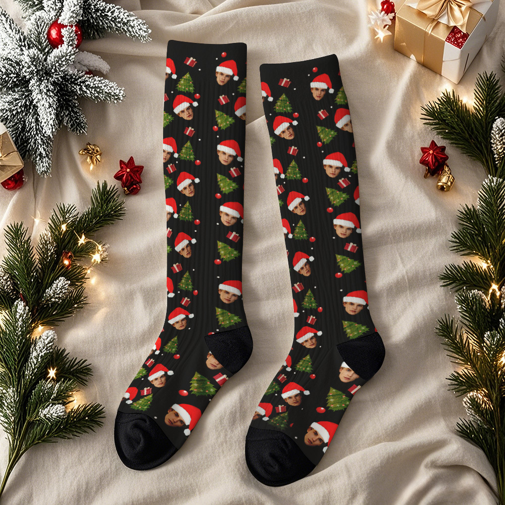 Custom Tree Gift Knee-high Socks Christmas Present Socks Custom Face Knee High Socks Fun Gift for Family Friends & Lovers - MyFaceSocksAU