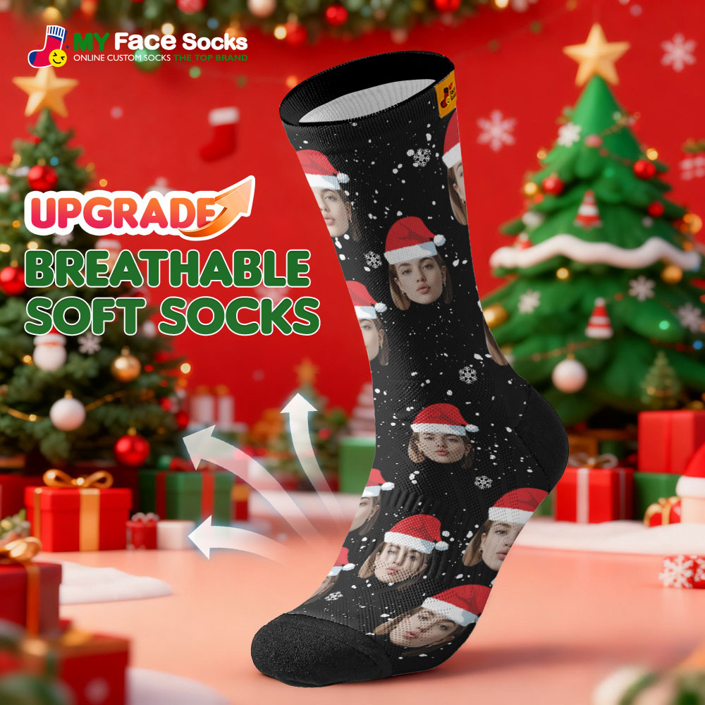 Personalized Christmas Socks Black SantaPhoto Socks Custom Christmas Socks Gift for Family Couple - MyFaceSocksAU
