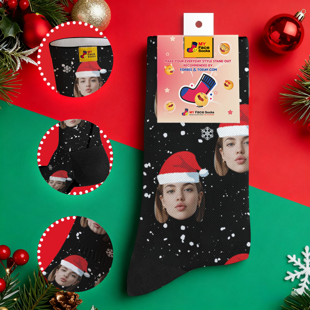 Personalized Christmas Socks Black SantaPhoto Socks Custom Christmas Socks Gift for Family Couple - MyFaceSocksAU