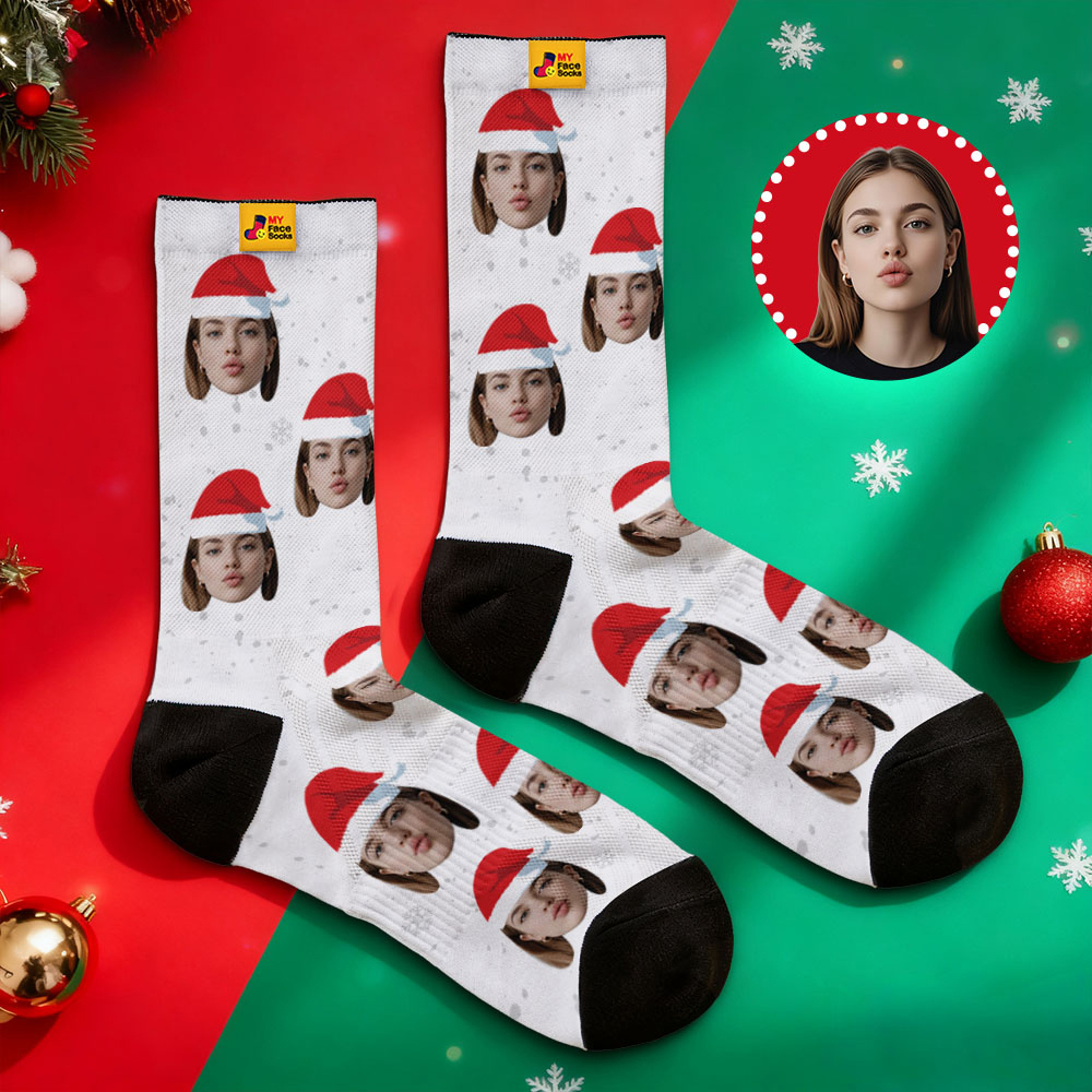 Personalized Christmas Socks Black SantaPhoto Socks Custom Christmas Socks Gift for Family Couple - MyFaceSocksAU