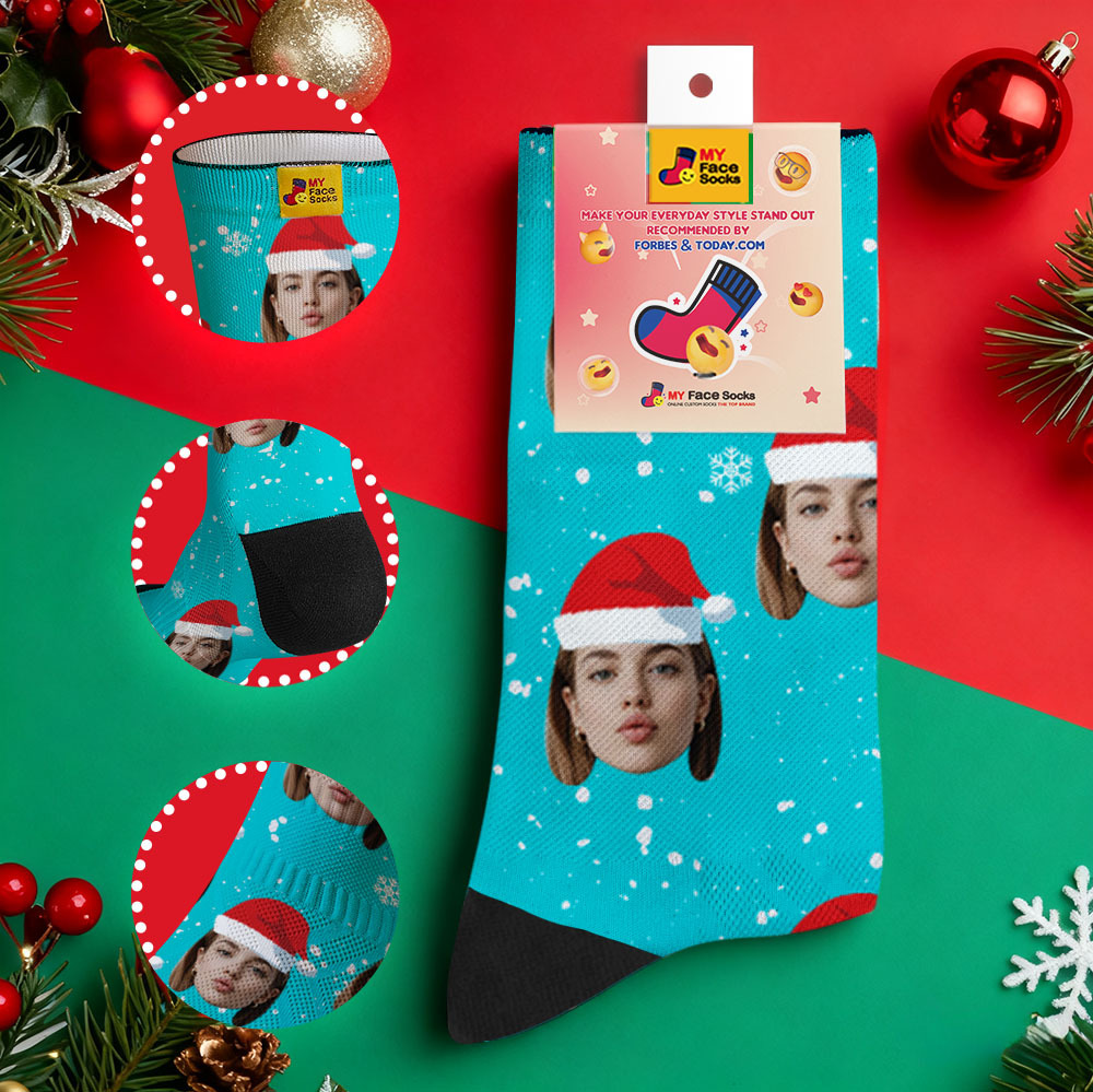 Personalized Christmas Socks Black SantaPhoto Socks Custom Christmas Socks Gift for Family Couple - MyFaceSocksAU