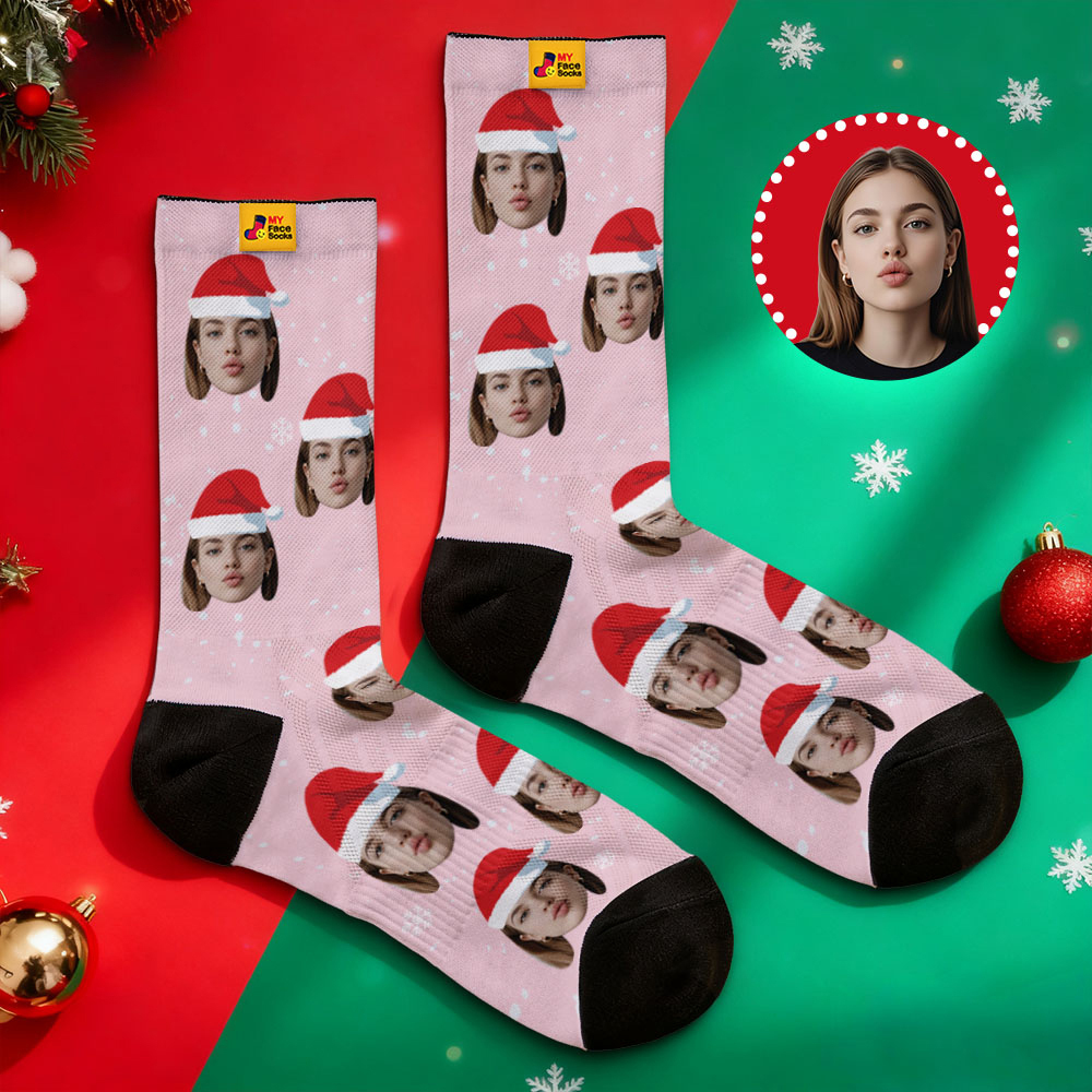 Personalized Christmas Socks Black SantaPhoto Socks Custom Christmas Socks Gift for Family Couple - MyFaceSocksAU