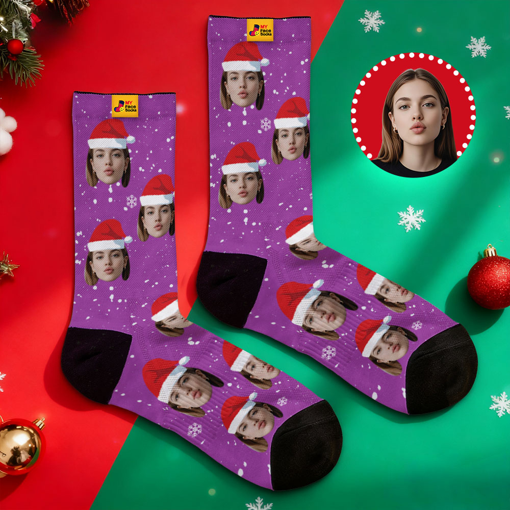 Personalized Christmas Socks Black SantaPhoto Socks Custom Christmas Socks Gift for Family Couple - MyFaceSocksAU
