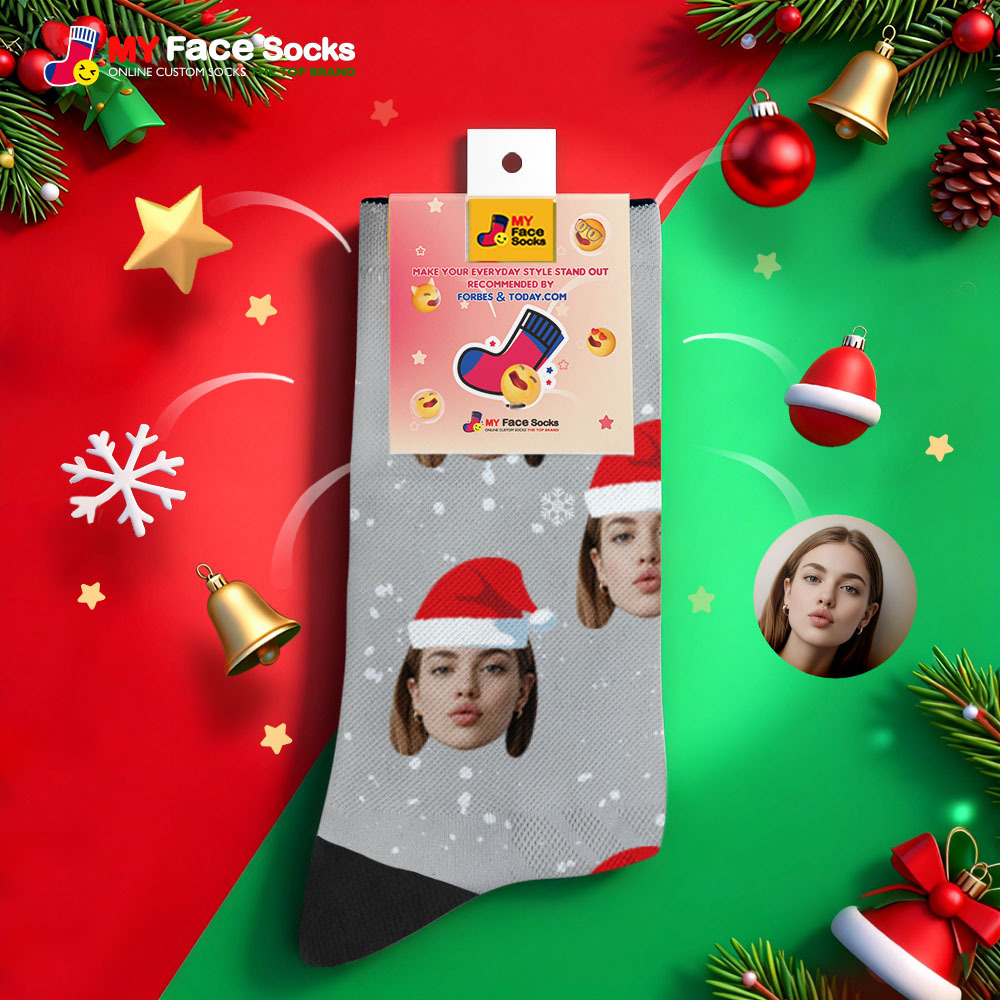 Personalized Christmas Socks Black SantaPhoto Socks Custom Christmas Socks Gift for Family Couple - MyFaceSocksAU
