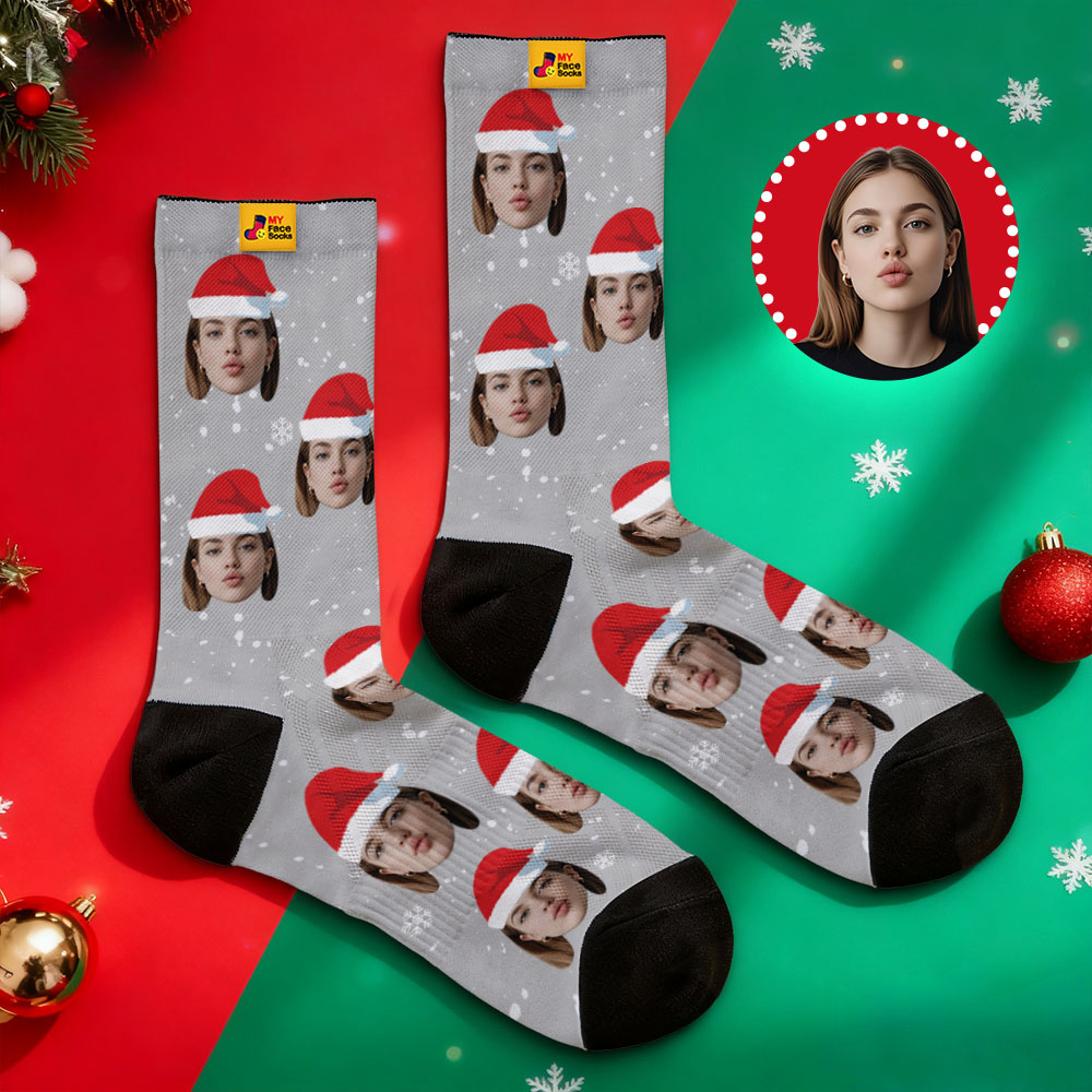 Personalized Christmas Socks Black SantaPhoto Socks Custom Christmas Socks Gift for Family Couple - MyFaceSocksAU