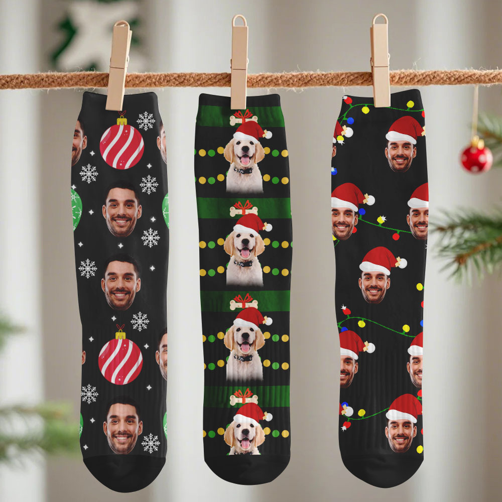 Custom Pet Christmas Socks Cute Pet Face Socks with Festive Fairy Lights Perfect Santa Gift - MyFaceSocksAU