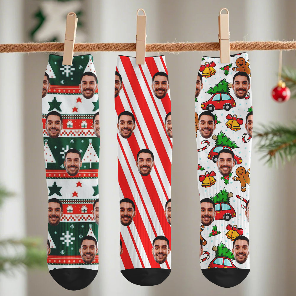 Custom Christmas Socks Personalized Face Socks DIY Socks Background Face Socks Gift For Family Couple - MyFaceSocksAU
