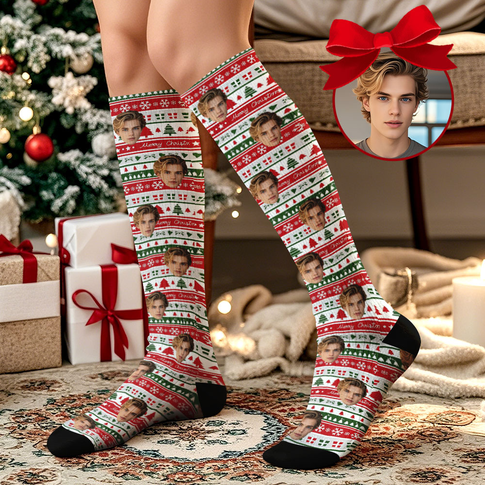 Personalized Face Knee High Socks Custom Vintage Socks Merry Christmas for Lover Christmas Gifts - MyFaceSocksAU