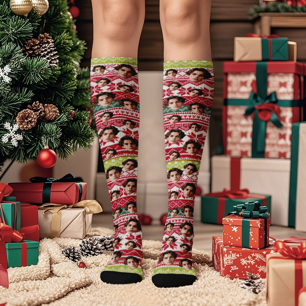 Personalized Face Knee High Socks Custom Vintage Socks Merry Christmas for Lover Christmas Gifts - MyFaceSocksAU