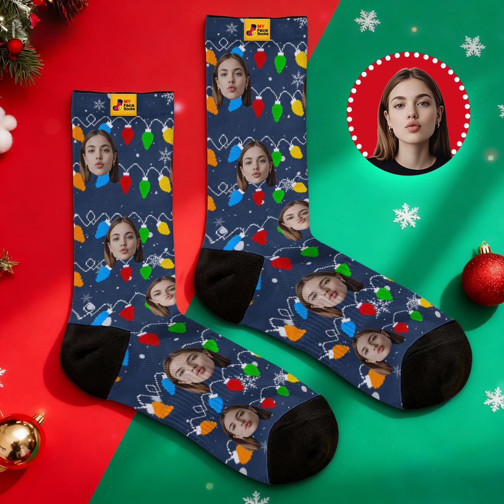 Custom Multicolor Christmas Light Socks Personalized Socks  Perfect Family Holiday Gift Christmas Socks Gift - MyFaceSocksAU