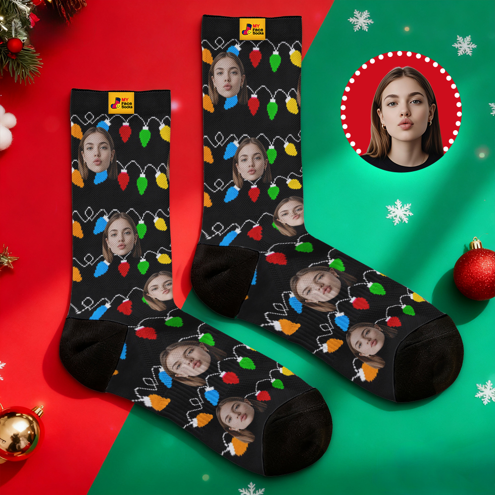 Custom Multicolor Christmas Light Socks Personalized Socks  Perfect Family Holiday Gift Christmas Socks Gift - MyFaceSocksAU