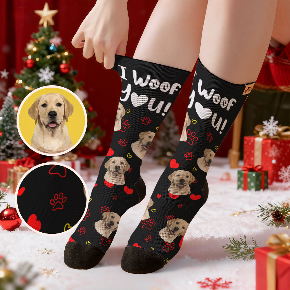 Personalized Pet Dog Theme Socks Christmas Socks Custom I Woof You Socks Pet Lover Santa Socks Gift - MyFaceSocksAU