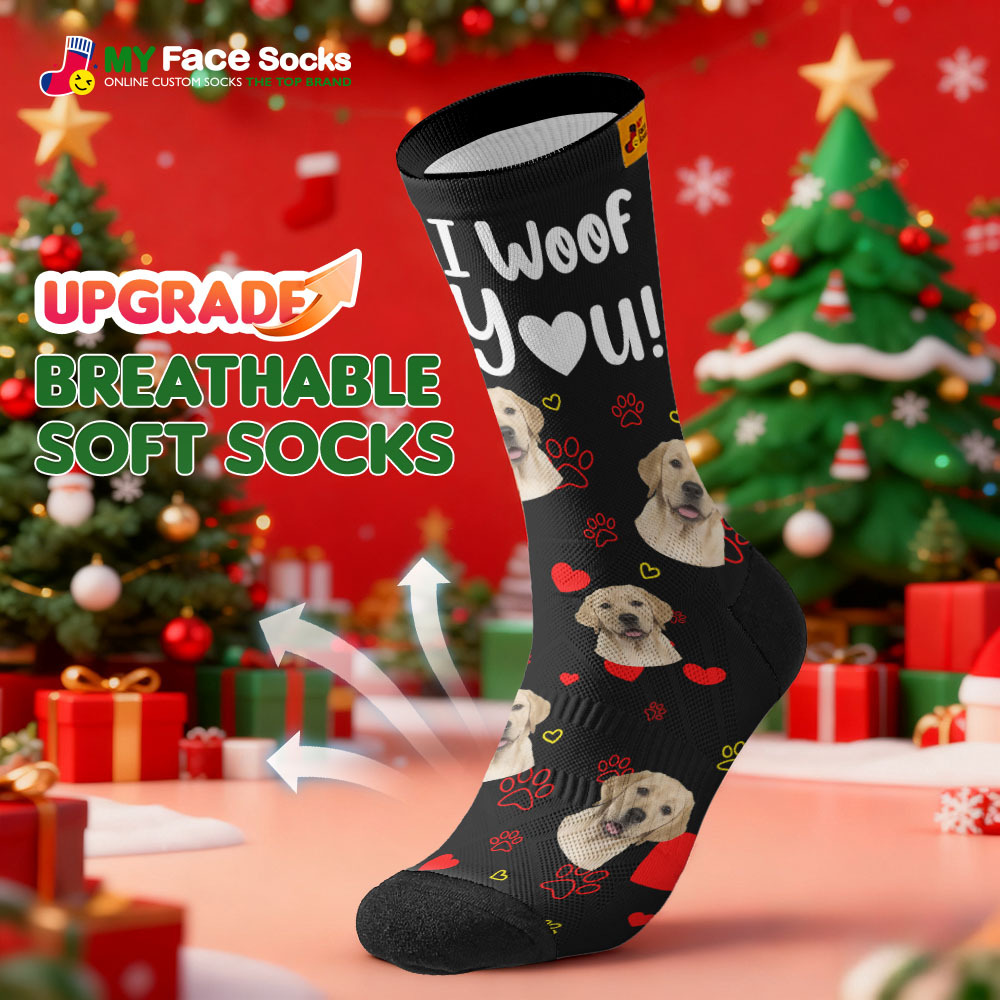 Personalized Pet Dog Theme Socks Christmas Socks Custom I Woof You Socks Pet Lover Santa Socks Gift - MyFaceSocksAU