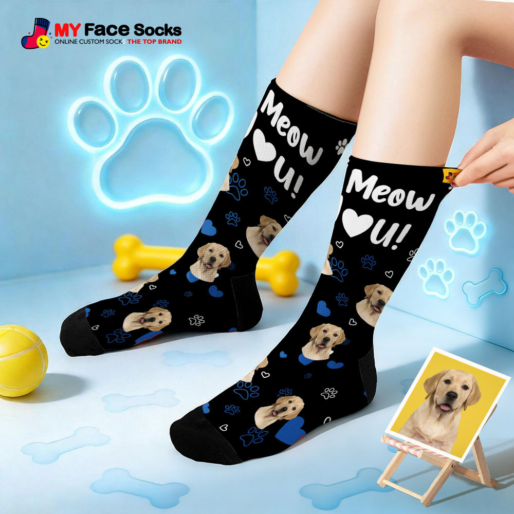 Personalized Pet Cat Theme Socks Christmas Socks Custom I Meow You Socks Pet Lover Santa Socks Gift