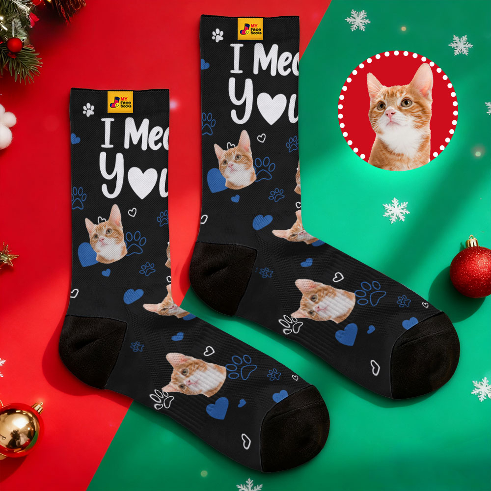 Personalized Pet Cat Theme Socks Christmas Socks Custom I Meow You Socks Pet Lover Santa Socks Gift - MyFaceSocksAU