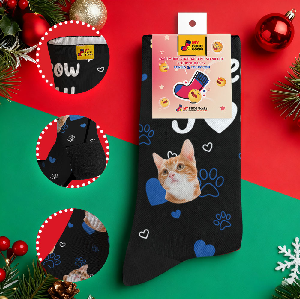 Personalized Pet Cat Theme Socks Christmas Socks Custom I Meow You Socks Pet Lover Santa Socks Gift - MyFaceSocksAU