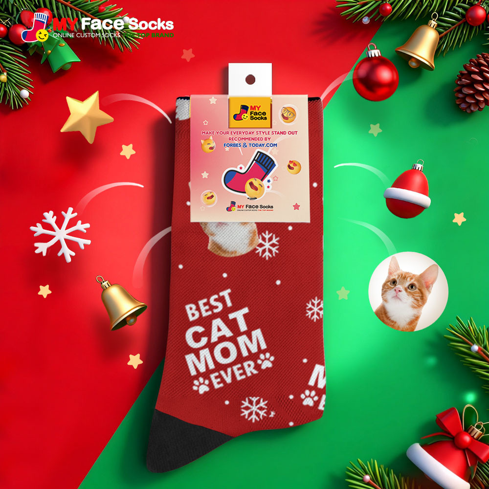 Personalized Pet Cat Theme Socks Christmas Socks Custom Best Cat Mom Socks Pet Lover Santa Socks Gift - MyFaceSocksAU