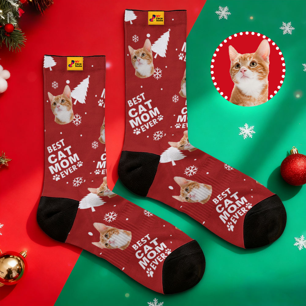 Personalized Pet Cat Theme Socks Christmas Socks Custom Best Cat Mom Socks Pet Lover Santa Socks Gift - MyFaceSocksAU