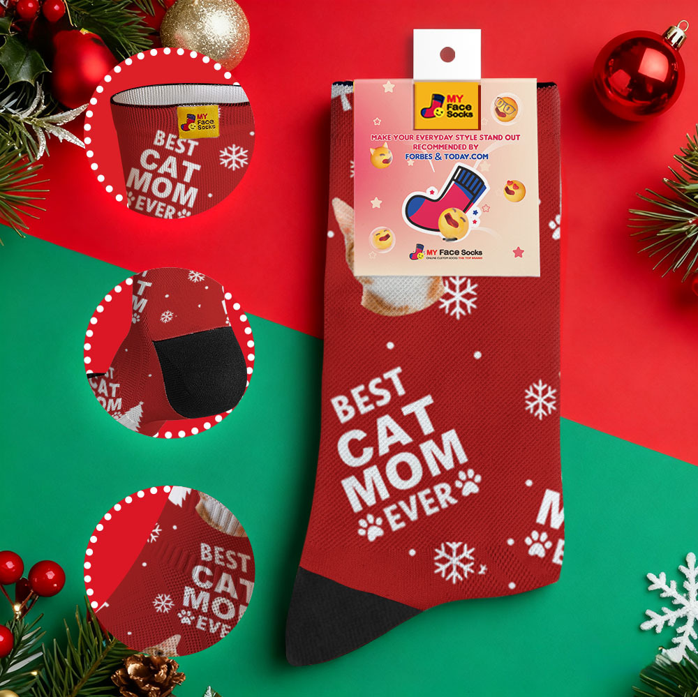 Personalized Pet Cat Theme Socks Christmas Socks Custom Best Cat Mom Socks Pet Lover Santa Socks Gift - MyFaceSocksAU