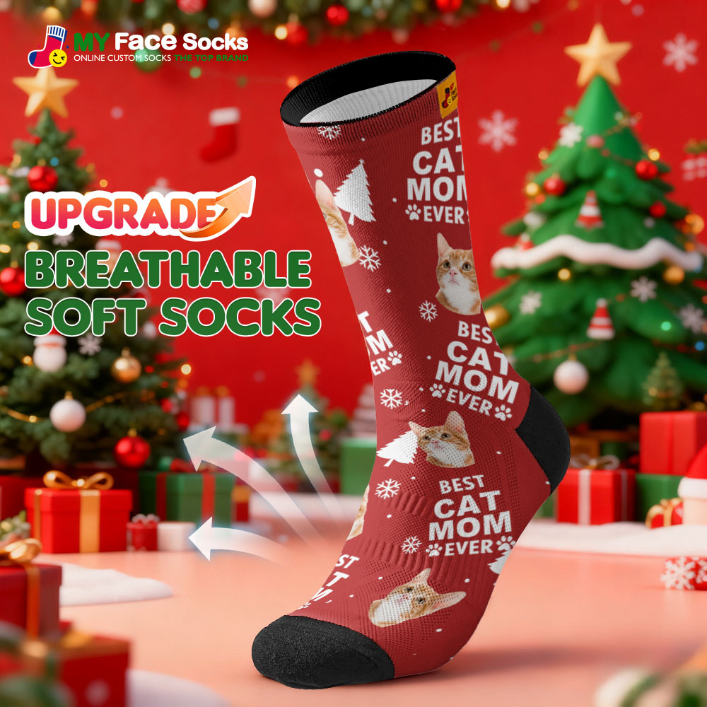 Personalized Pet Cat Theme Socks Christmas Socks Custom Best Cat Mom Socks Pet Lover Santa Socks Gift - MyFaceSocksAU