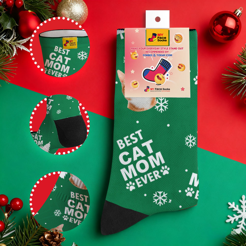 Personalized Pet Cat Theme Socks Christmas Socks Custom Best Cat Mom Socks Pet Lover Santa Socks Gift - MyFaceSocksAU