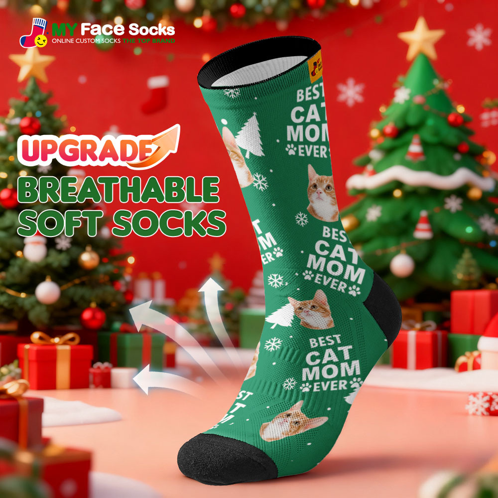 Personalized Pet Cat Theme Socks Christmas Socks Custom Best Cat Mom Socks Pet Lover Santa Socks Gift - MyFaceSocksAU
