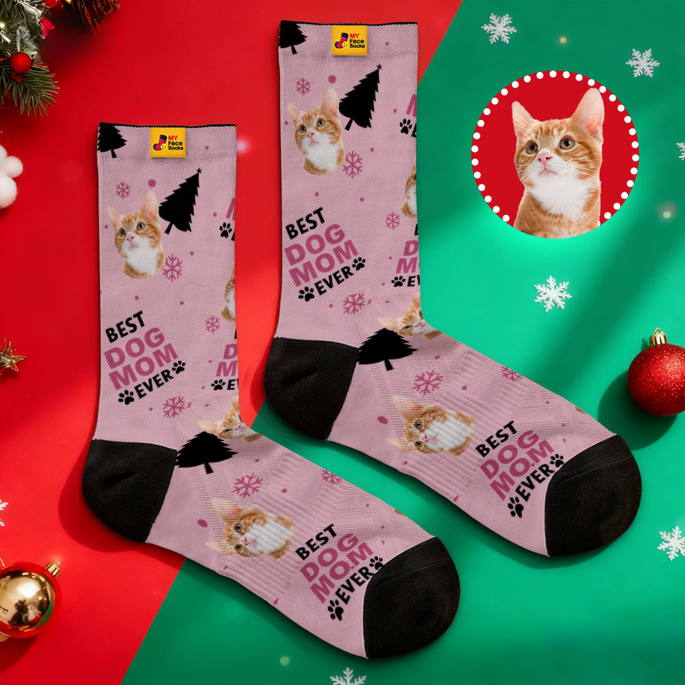 Personalized Pet Cat Theme Socks Christmas Socks Custom Best Cat Mom Socks Pet Lover Santa Socks Gift - MyFaceSocksAU