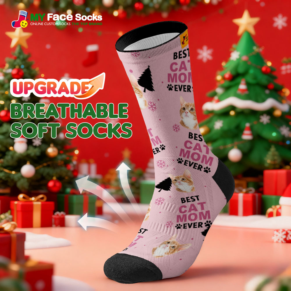 Personalized Pet Cat Theme Socks Christmas Socks Custom Best Cat Mom Socks Pet Lover Santa Socks Gift - MyFaceSocksAU