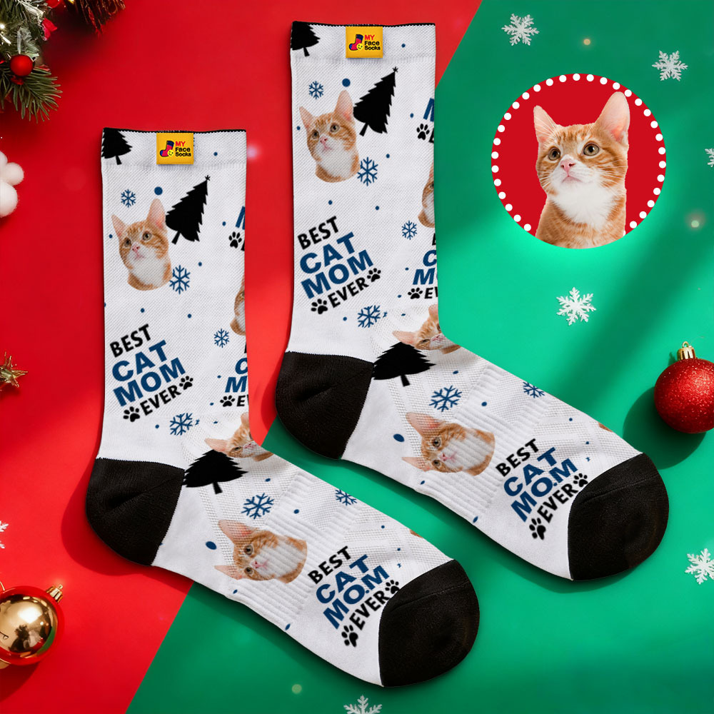 Personalized Pet Cat Theme Socks Christmas Socks Custom Best Cat Mom Socks Pet Lover Santa Socks Gift - MyFaceSocksAU