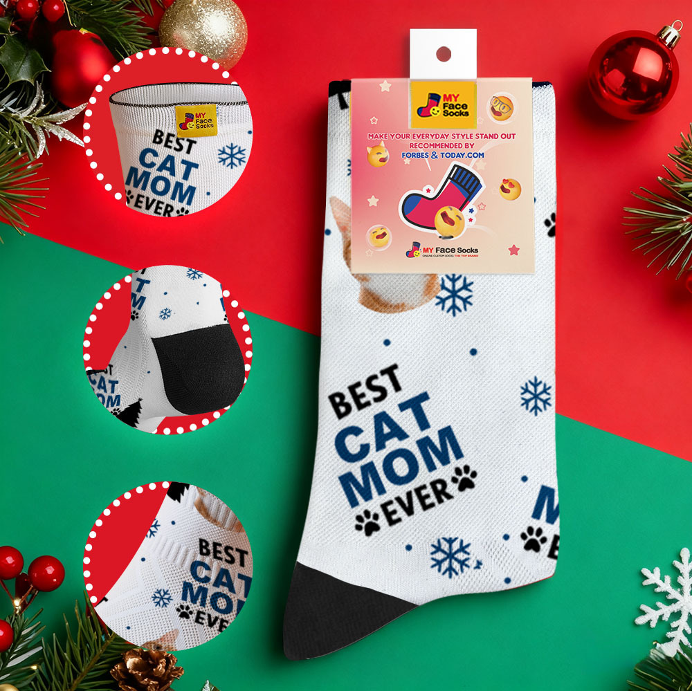 Personalized Pet Cat Theme Socks Christmas Socks Custom Best Cat Mom Socks Pet Lover Santa Socks Gift - MyFaceSocksAU