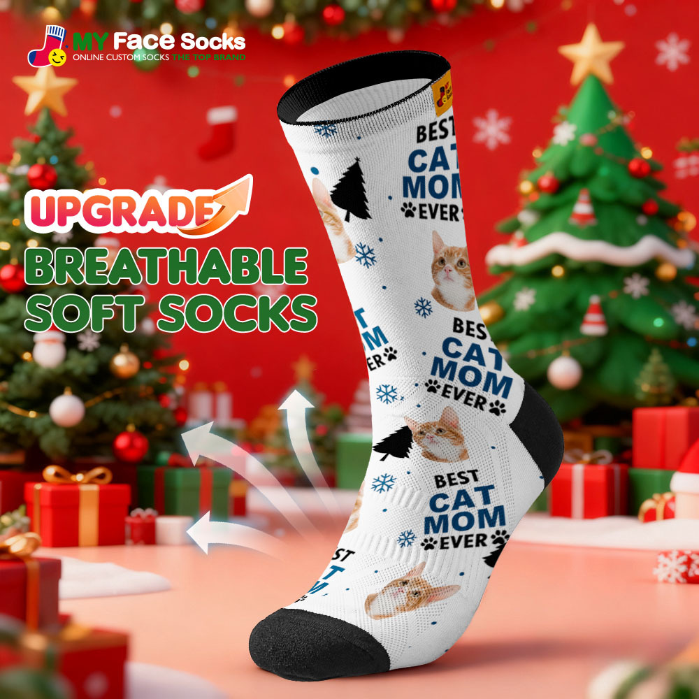 Personalized Pet Cat Theme Socks Christmas Socks Custom Best Cat Mom Socks Pet Lover Santa Socks Gift - MyFaceSocksAU
