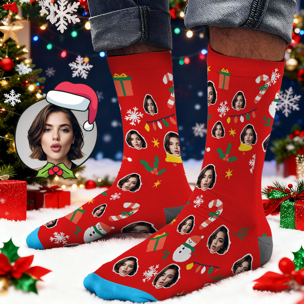 Custom Face Printed Socks Christmas Gift Snowflake Deer Pattern Personalized Custom Designs Best Santa Gift Idea - MyFaceSocksAU