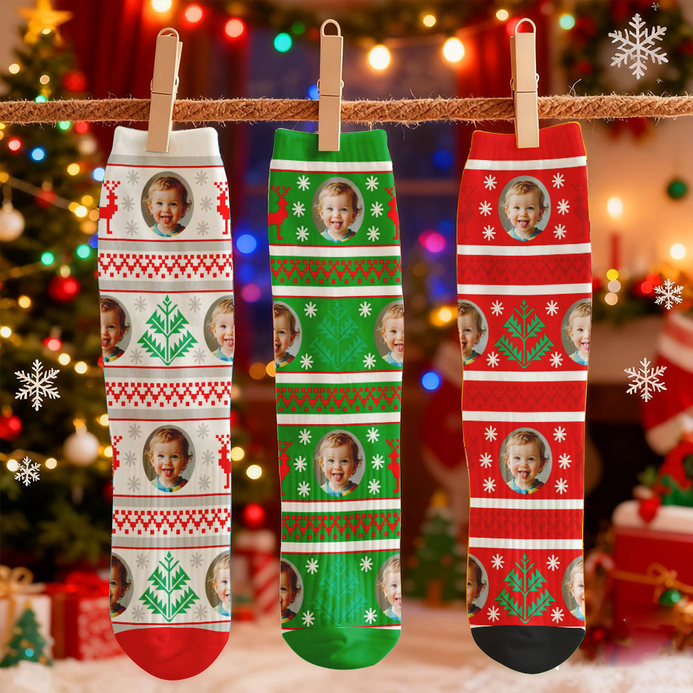 Custom Face Printed Socks Christmas Gift Snowflake Deer Pattern Personalized Custom Designs Best Santa Gift Idea - MyFaceSocksAU