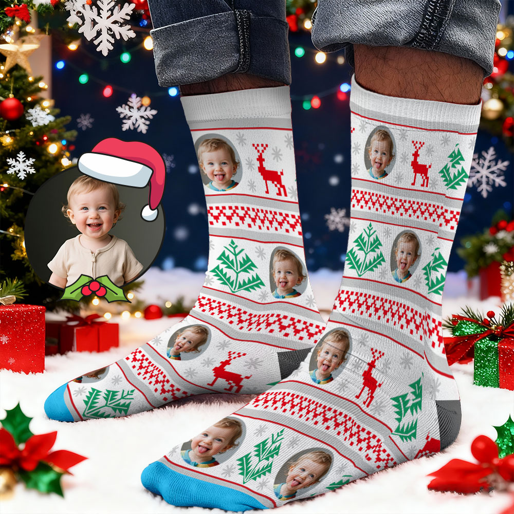 Custom Face Printed Socks Christmas Gift Snowflake Deer Pattern Personalized Custom Designs Best Santa Gift Idea