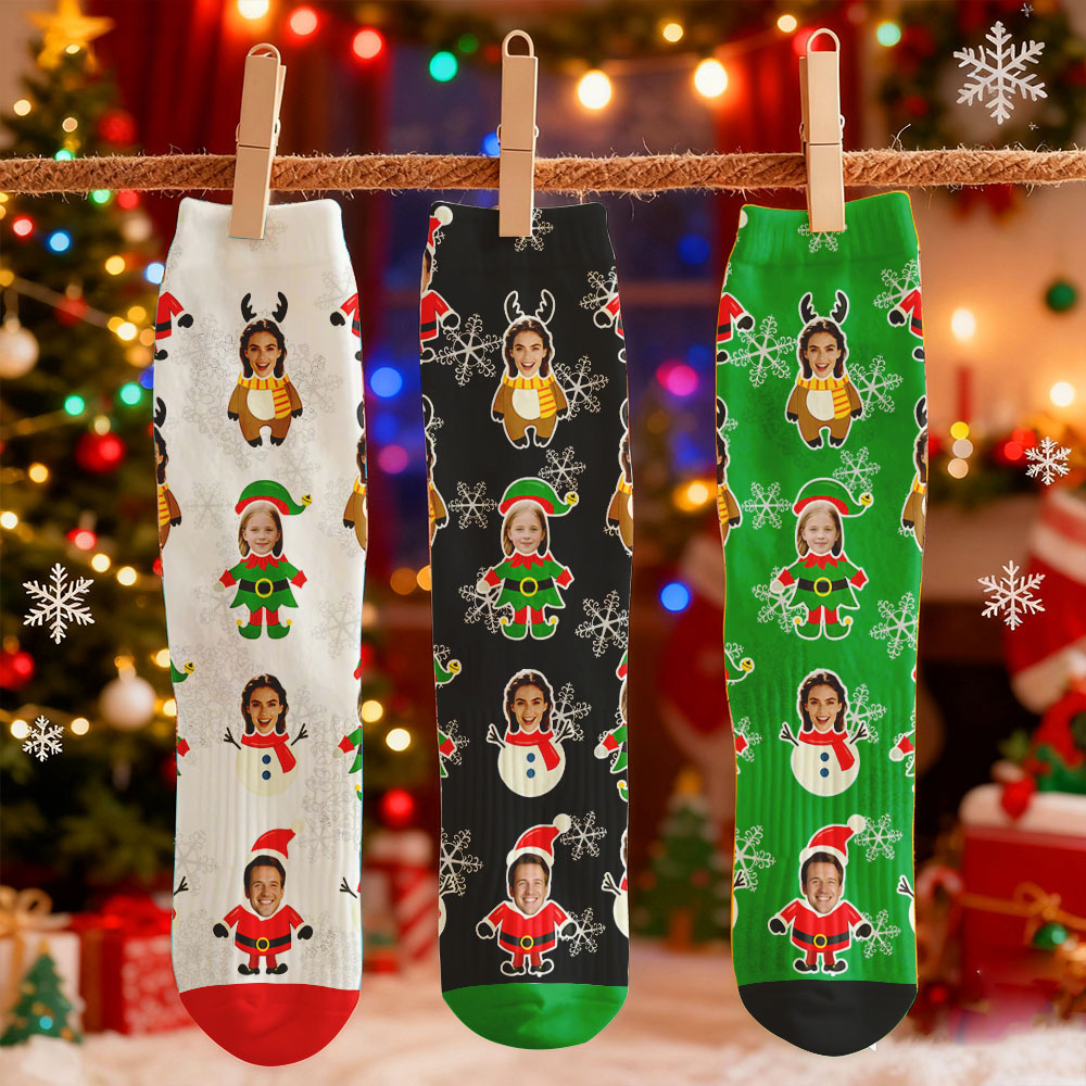 Custom Face Printed Socks Christmas Gift Snowflake Deer Pattern Personalized Custom Designs Best Santa Gift Idea - MyFaceSocksAU