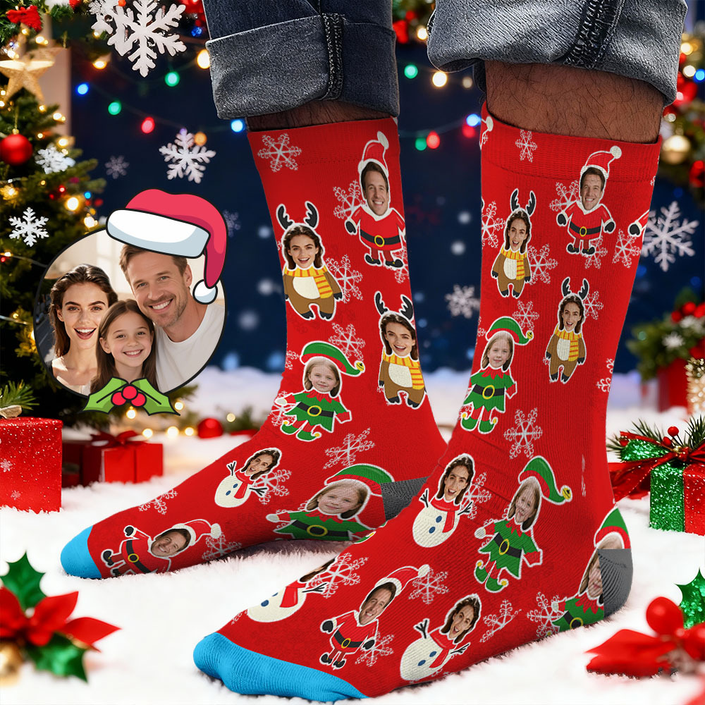 Custom Face Printed Socks Christmas Gift Snowflake Deer Pattern Personalized Custom Designs Best Santa Gift Idea - MyFaceSocksAU