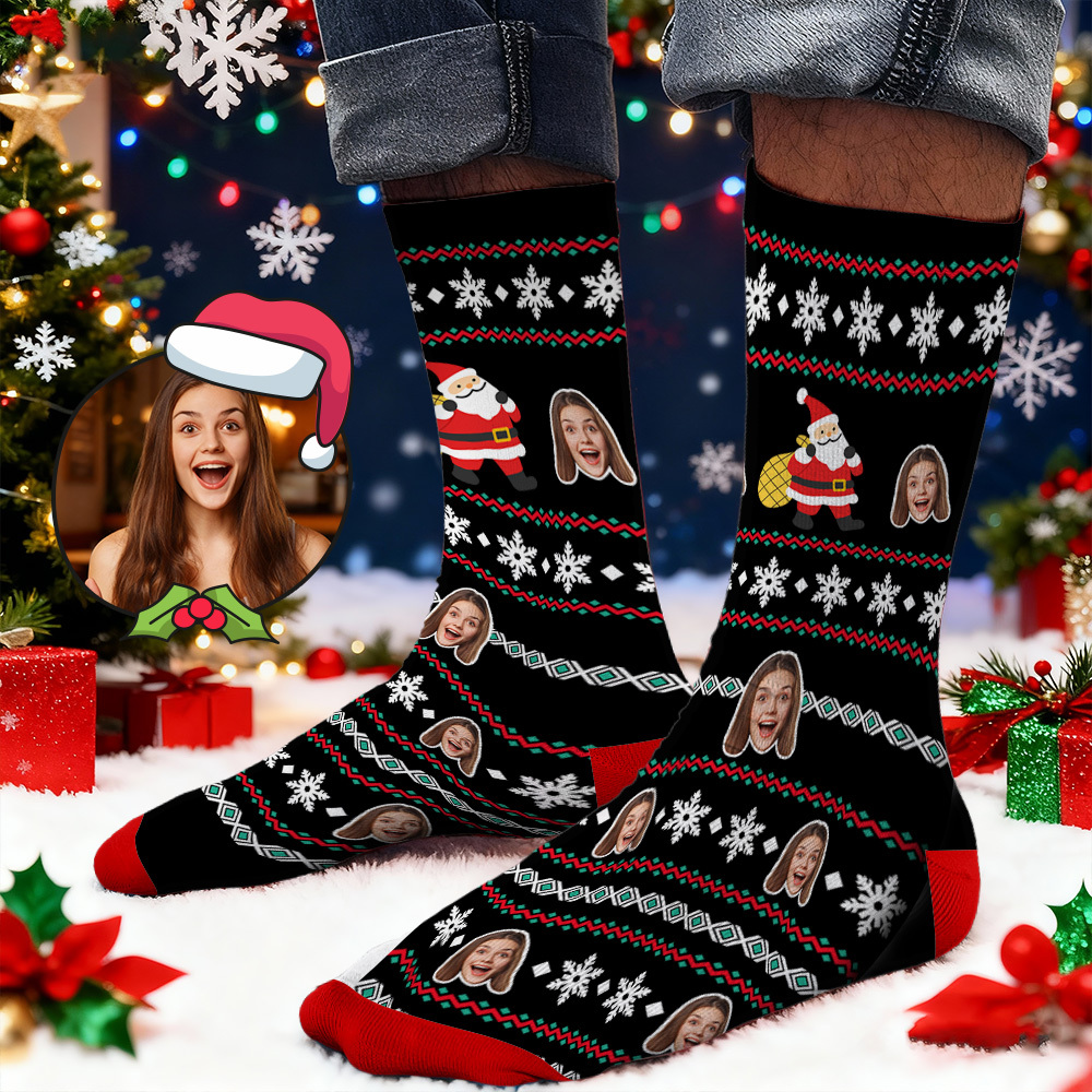 Custom Face Printed Socks Snowflake Santa Claus Face Socks Personalized Custom Designs Best Santa Gift Idea - MyFaceSocksAU