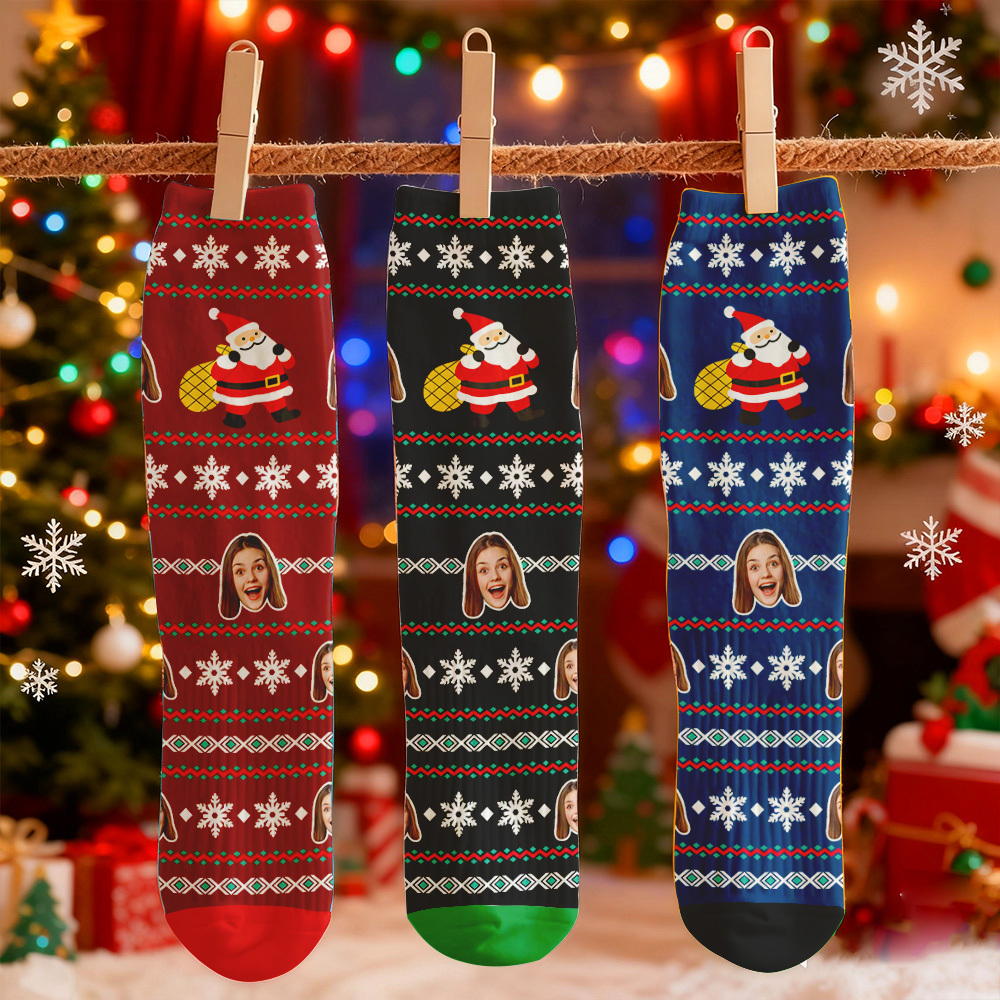 Custom Face Printed Socks Snowflake Santa Claus Face Socks Personalized Custom Designs Best Santa Gift Idea - MyFaceSocksAU