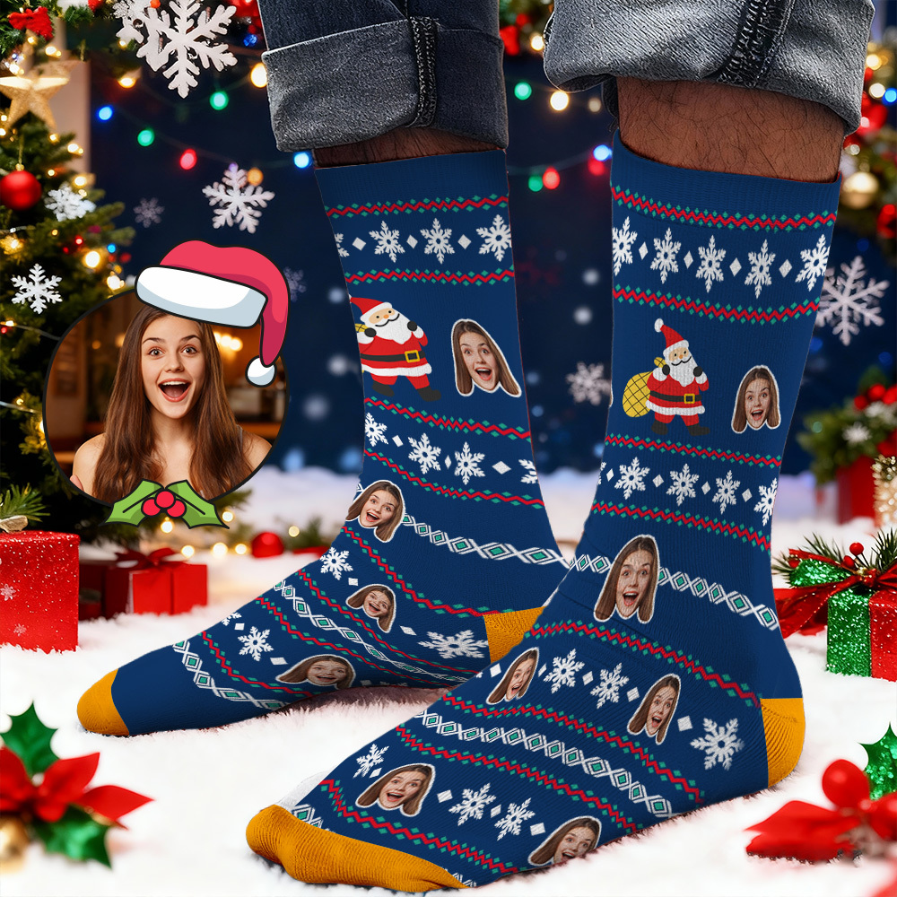 Custom Face Printed Socks Snowflake Santa Claus Face Socks Personalized Custom Designs Best Santa Gift Idea - MyFaceSocksAU