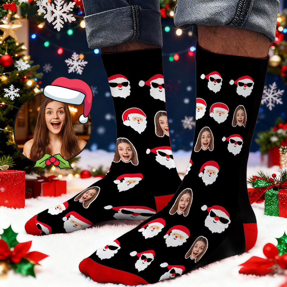 Custom Face Printed Socks Snowflake Santa Claus Face Socks Personalized Custom Designs Best Santa Gift Idea - MyFaceSocksAU