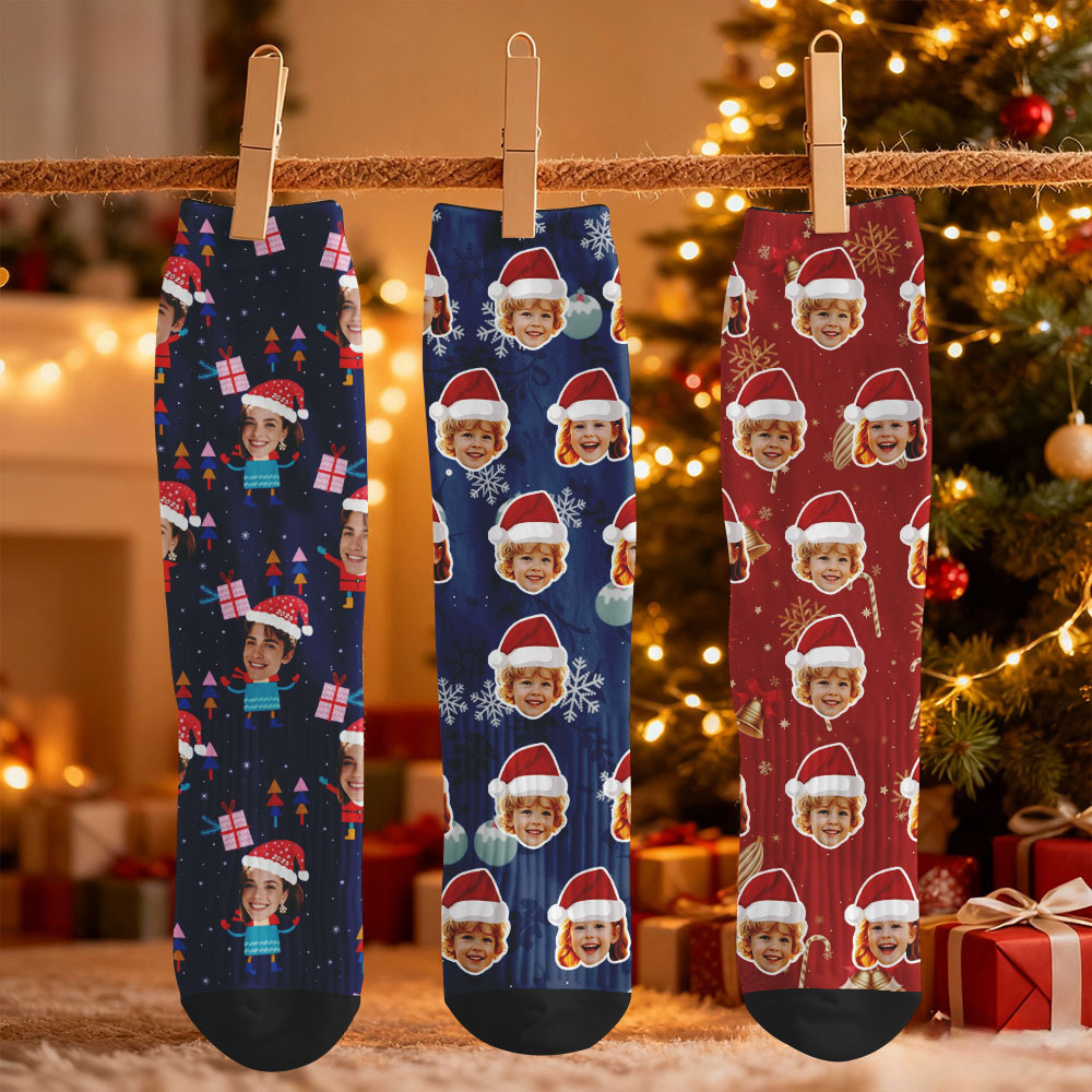 Custom Face Christmas Socks Cute Blue Santa Sokcs Personalized Photo Xmas Socks Gift - MyFaceSocksAU