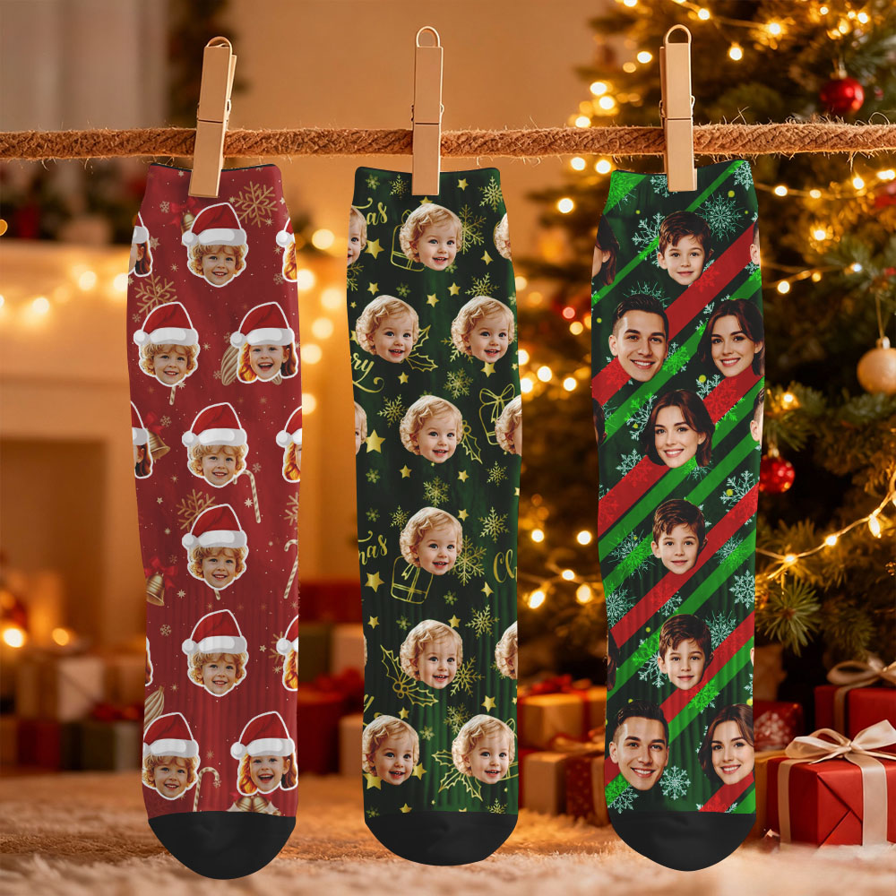 Custom Face Christmas Socks Cute Green Family Photo Santa Sokcs Personalized Photo Xmas Socks Gift