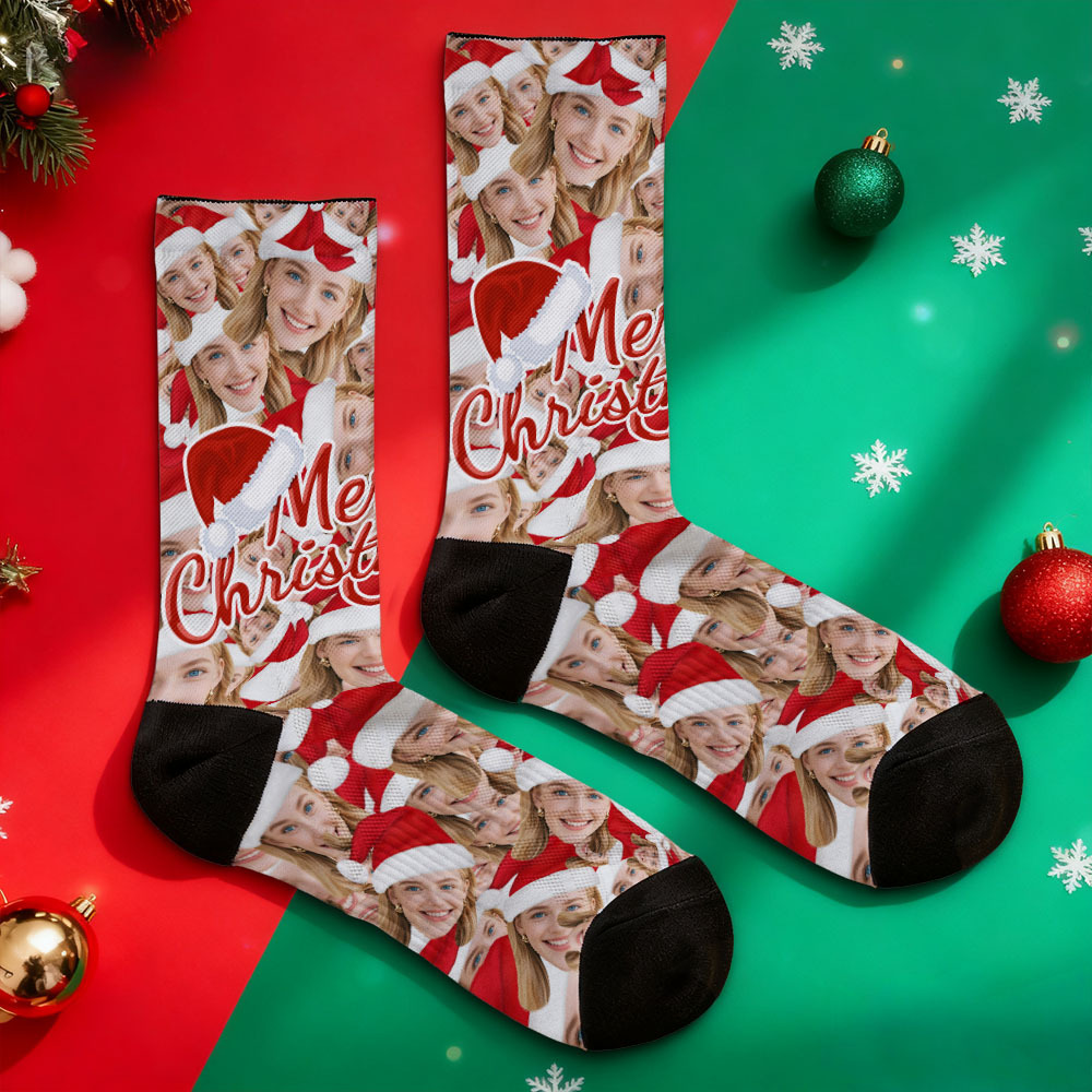 Christmas Custom Face Socks Personalized Funny Hat Custom Design Best Gift Idea for Xmas - MyFaceSocksAU