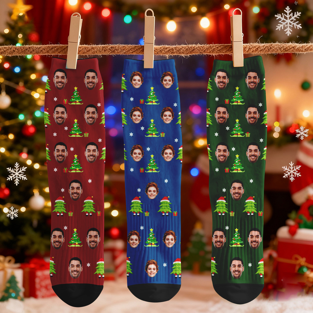 Custom Christmas Tree Socks Personalized Face Socks Santa Gift For Family - MyFaceSocksAU