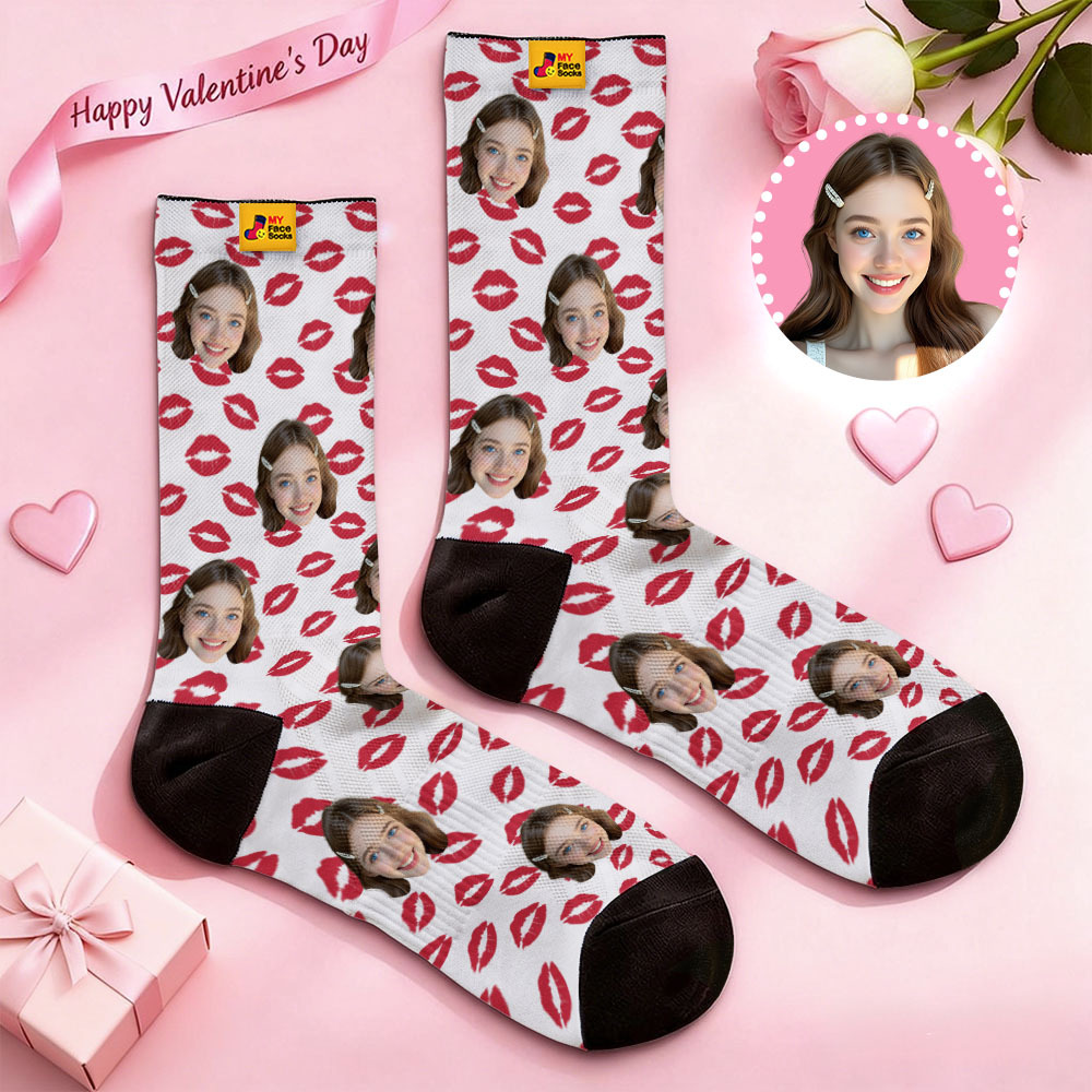 Personalized Red Lips Face Socks Valentine Themed Socks Custom Face Socks Couple Gift - MyFaceSocksAU