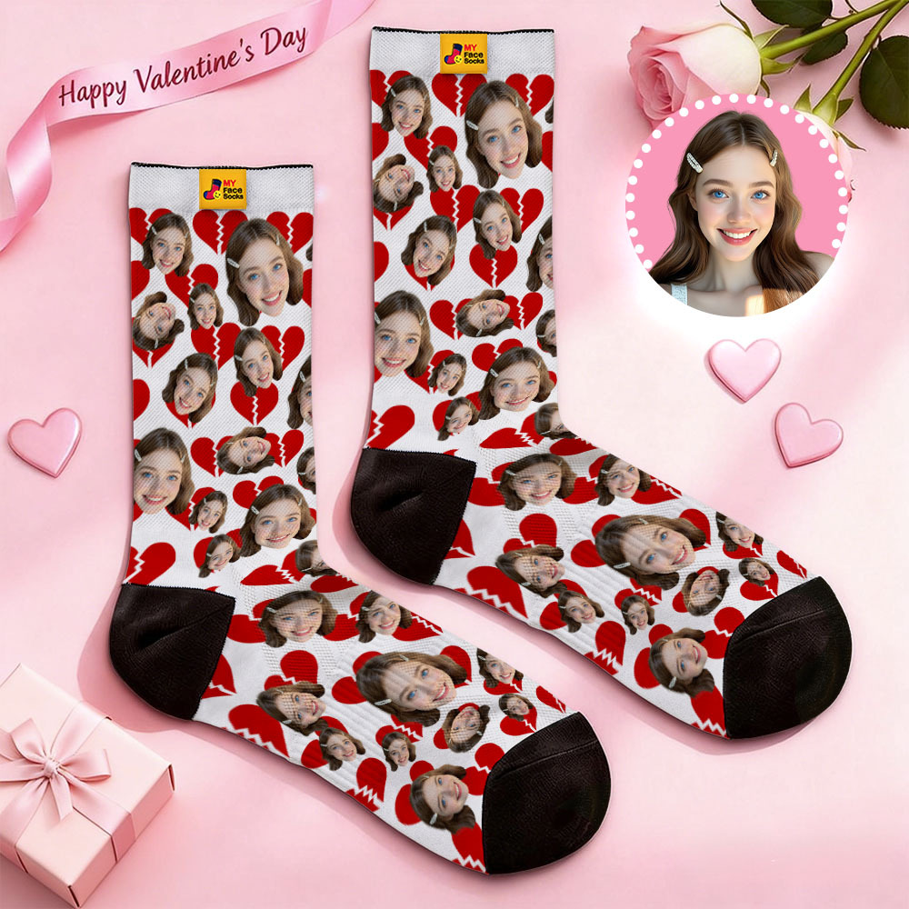 Personalized Red Heart Face Socks Valentine Themed Socks Custom Face Socks Couple Gift - MyFaceSocksAU