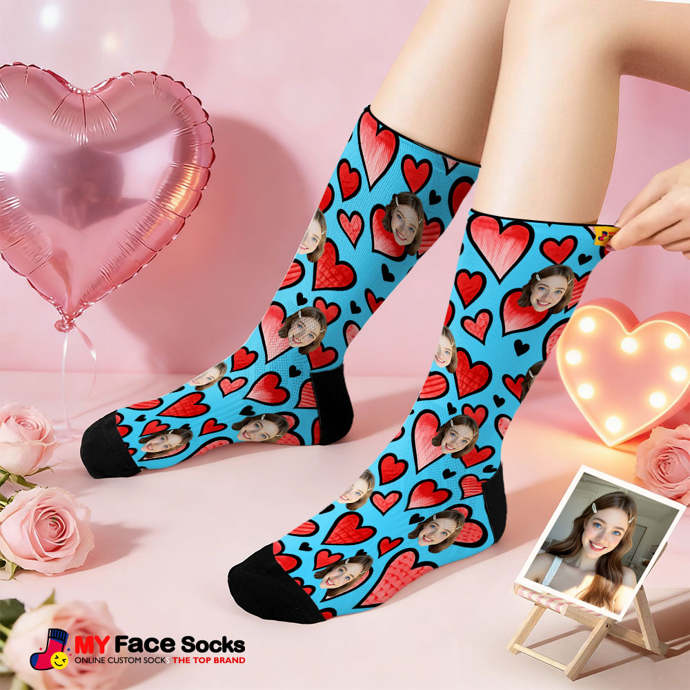 Custom Colorful Face Socks Personalized Valentine Day Socks with Photo Cute Heart Pattern Couple Gift - MyFaceSocksAU