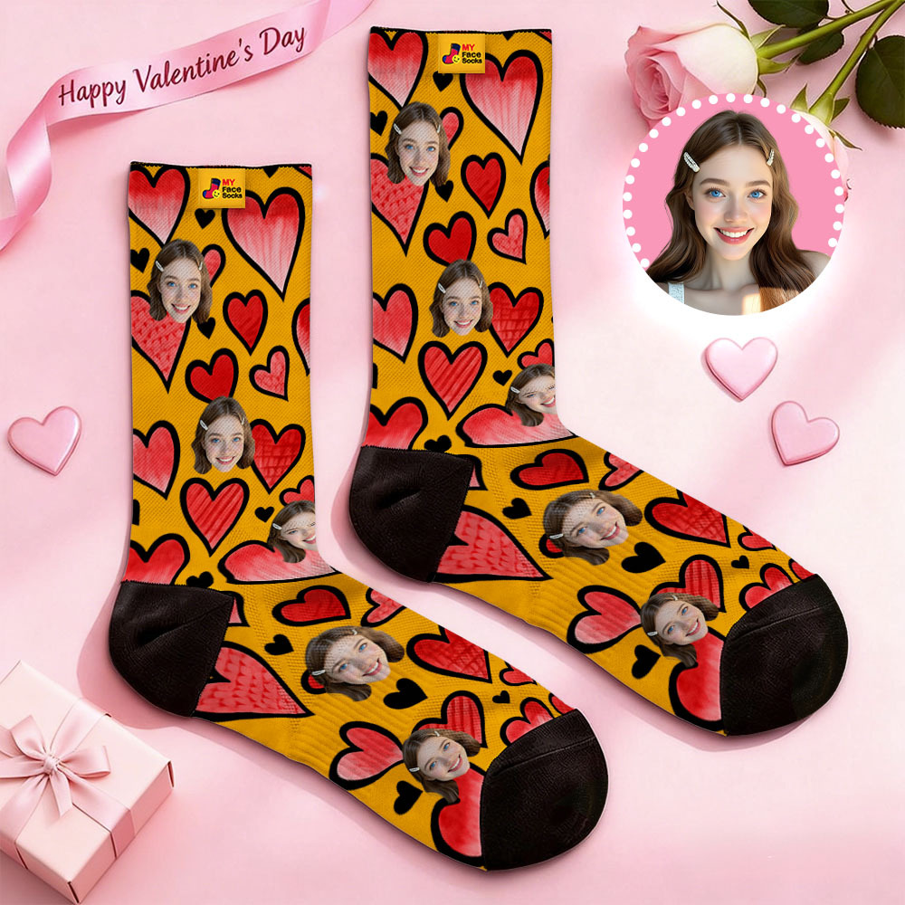 Custom Colorful Face Socks Personalized Valentine Day Socks with Photo Cute Heart Pattern Couple Gift - MyFaceSocksAU