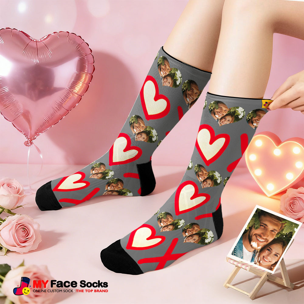 Custom Pink Heart Face Socks Personalized Valentine Day Socks with Photo Cute Heart Pattern Couple Gift - MyFaceSocksAU