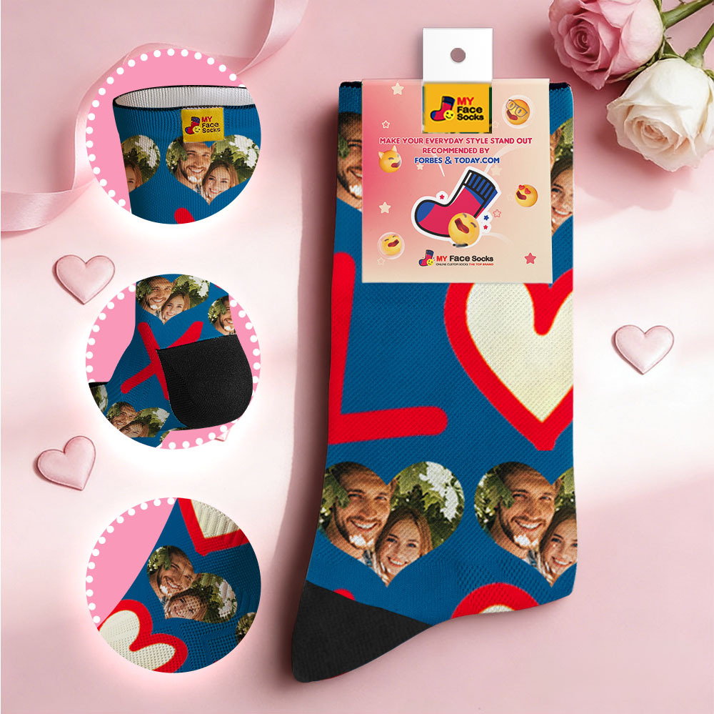 Custom Blue Heart Face Socks Personalized Valentine Day Socks with Photo Cute Heart Pattern Couple Gift - MyFaceSocksAU